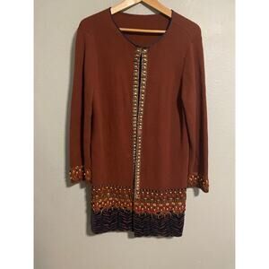 Chicos Womens Cardigan Size 3 US XL Brown Beaded Velvet Trim Duster Artsy Boho